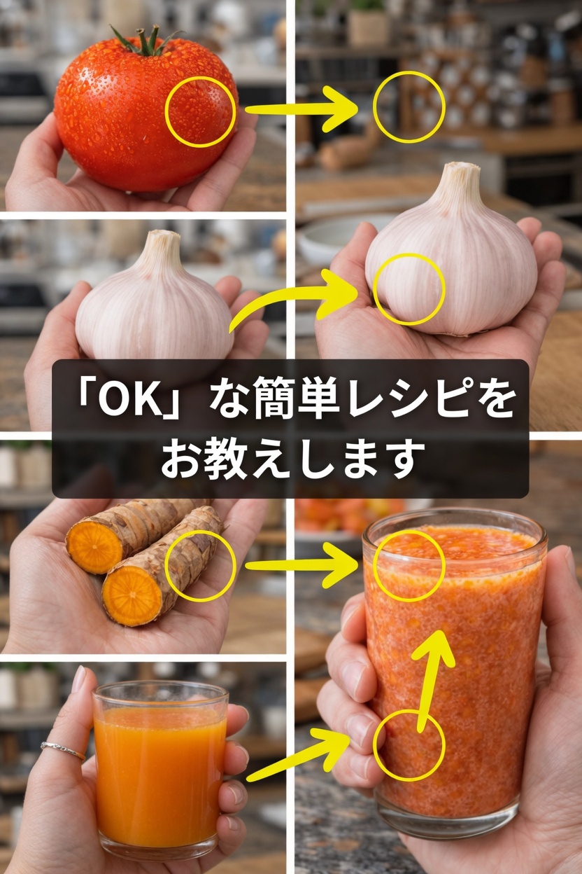 40代以上の男性の健康のためのシンプルなトマト・ガーリック・ターメリックドリンクのレシピ