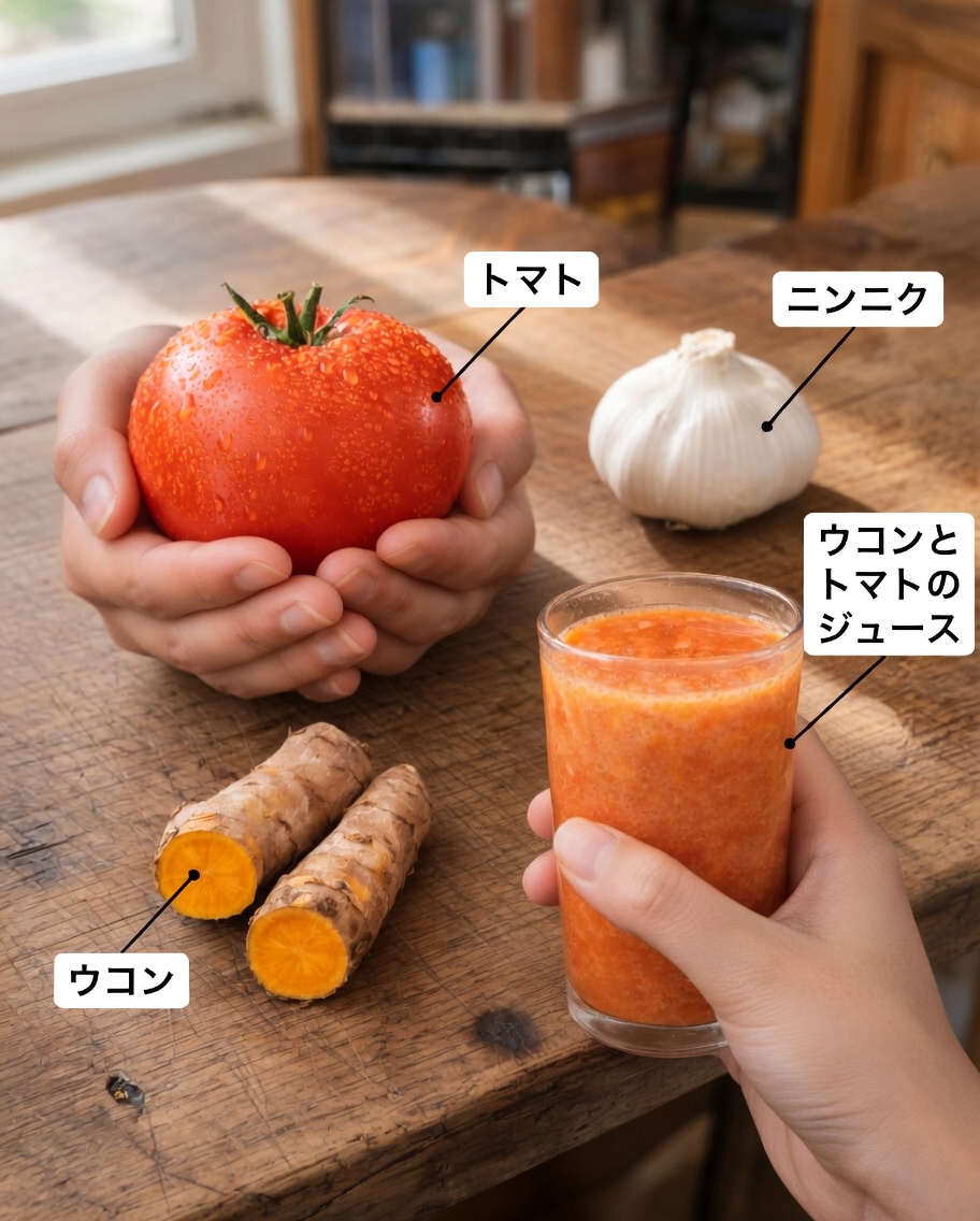 40代以上の男性の健康のためのシンプルなトマト・ガーリック・ターメリックドリンクのレシピ