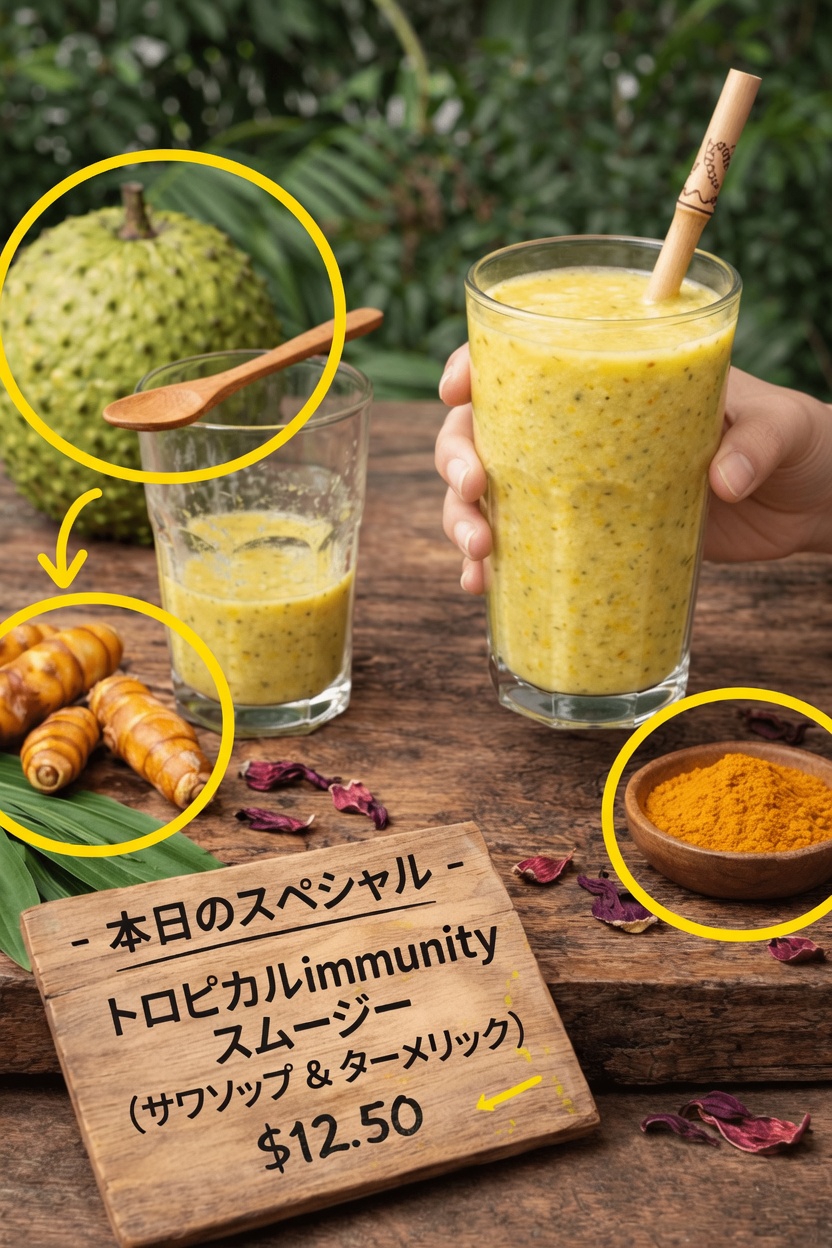 サワーソップとターメリックで作るおいしい南国風免疫力アップスムージーを自宅でステップごとに作る方法