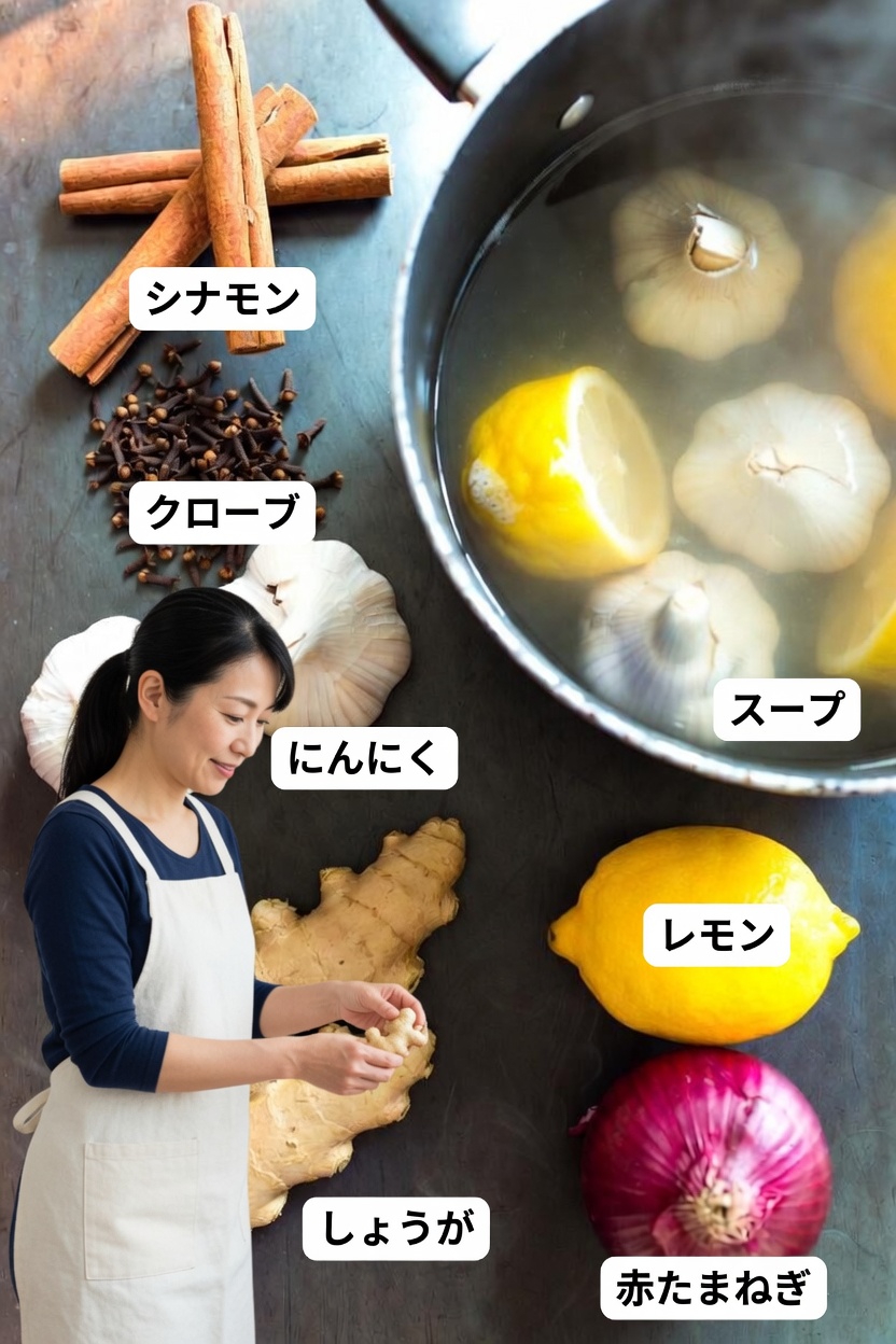 シンプルな自家製ハーブ浸出液：シナモン、クローブ、ニンニク、ショウガ、レモン、タマネギを一緒に探る