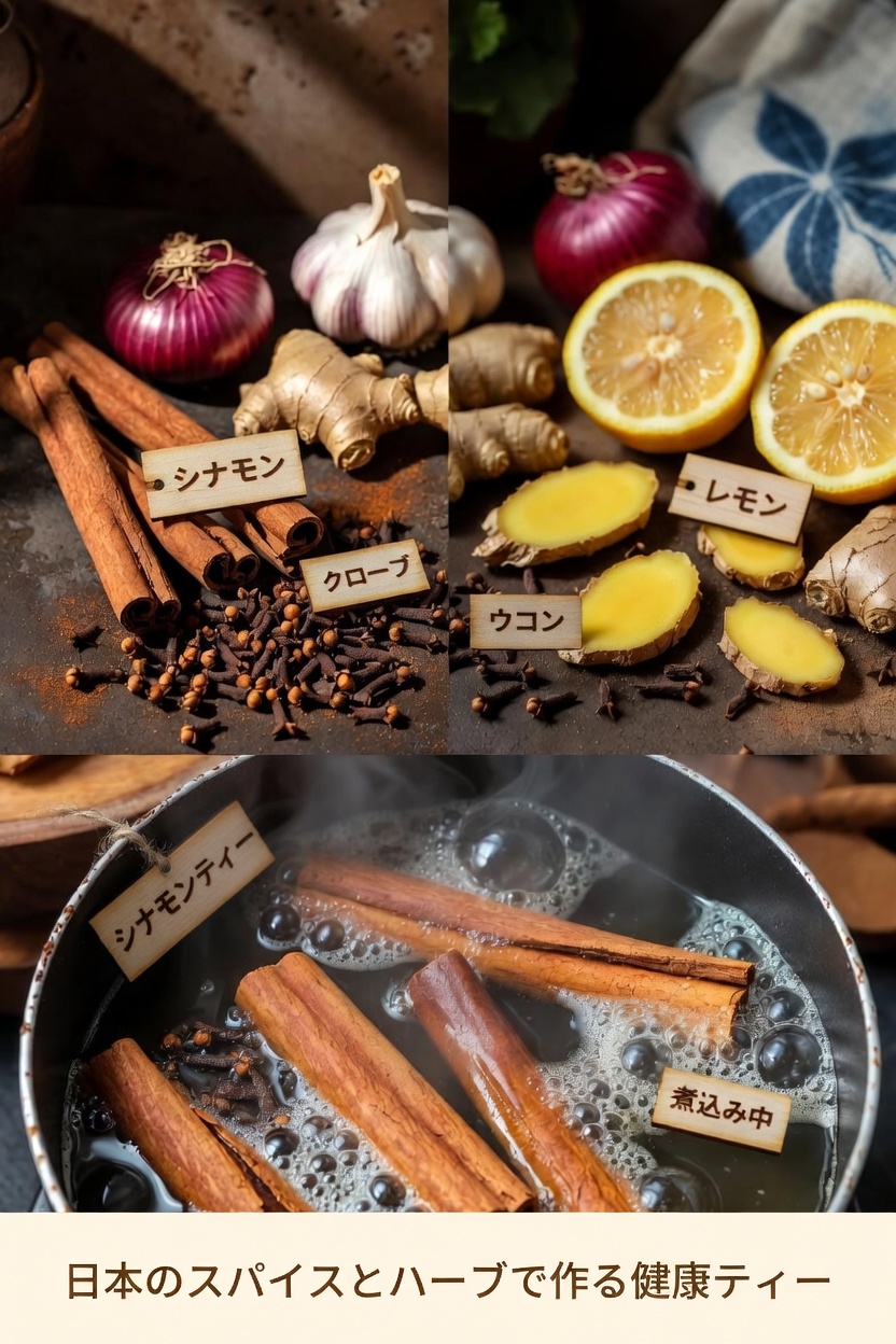 シンプルな自家製ハーブ浸出液：シナモン、クローブ、ニンニク、ショウガ、レモン、タマネギを一緒に探る