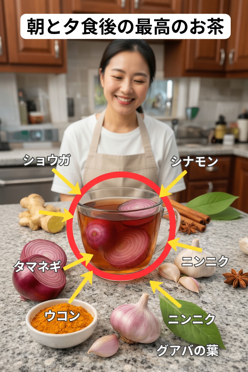 朝と夕食後のお茶のレシピ:生姜、ウコン、玉ねぎ、にんにく、シナモン、グアバの葉入り