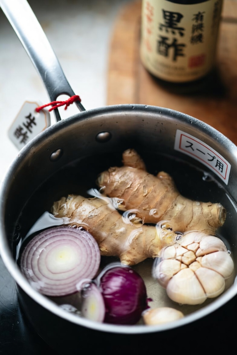 朝と夕食後のお茶のレシピ:生姜、ウコン、玉ねぎ、にんにく、シナモン、グアバの葉入り