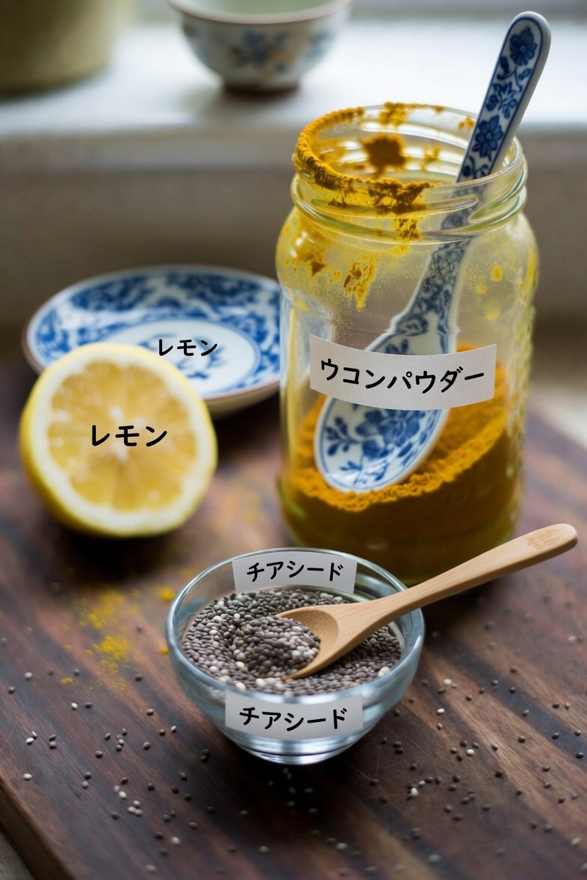 シンプルな朝の習慣：ウコン、レモン、はちみつ、チアシードを使った爽やかなドリンクを探る