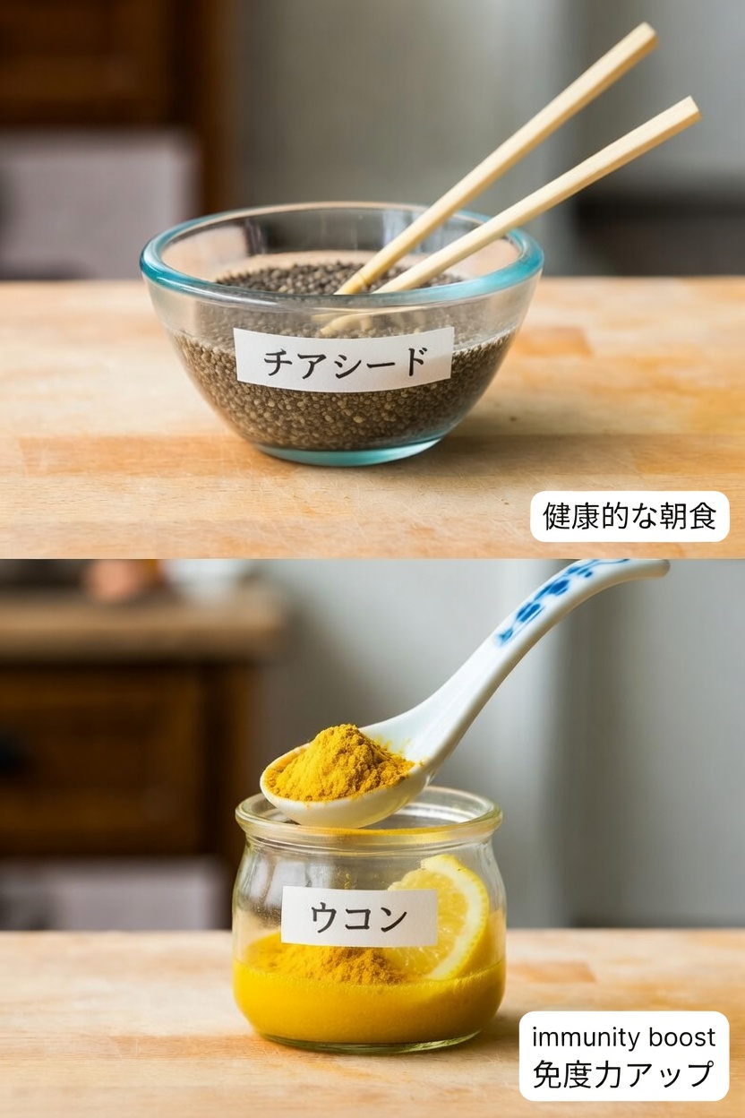 シンプルな朝の習慣：ウコン、レモン、はちみつ、チアシードを使った爽やかなドリンクを探る