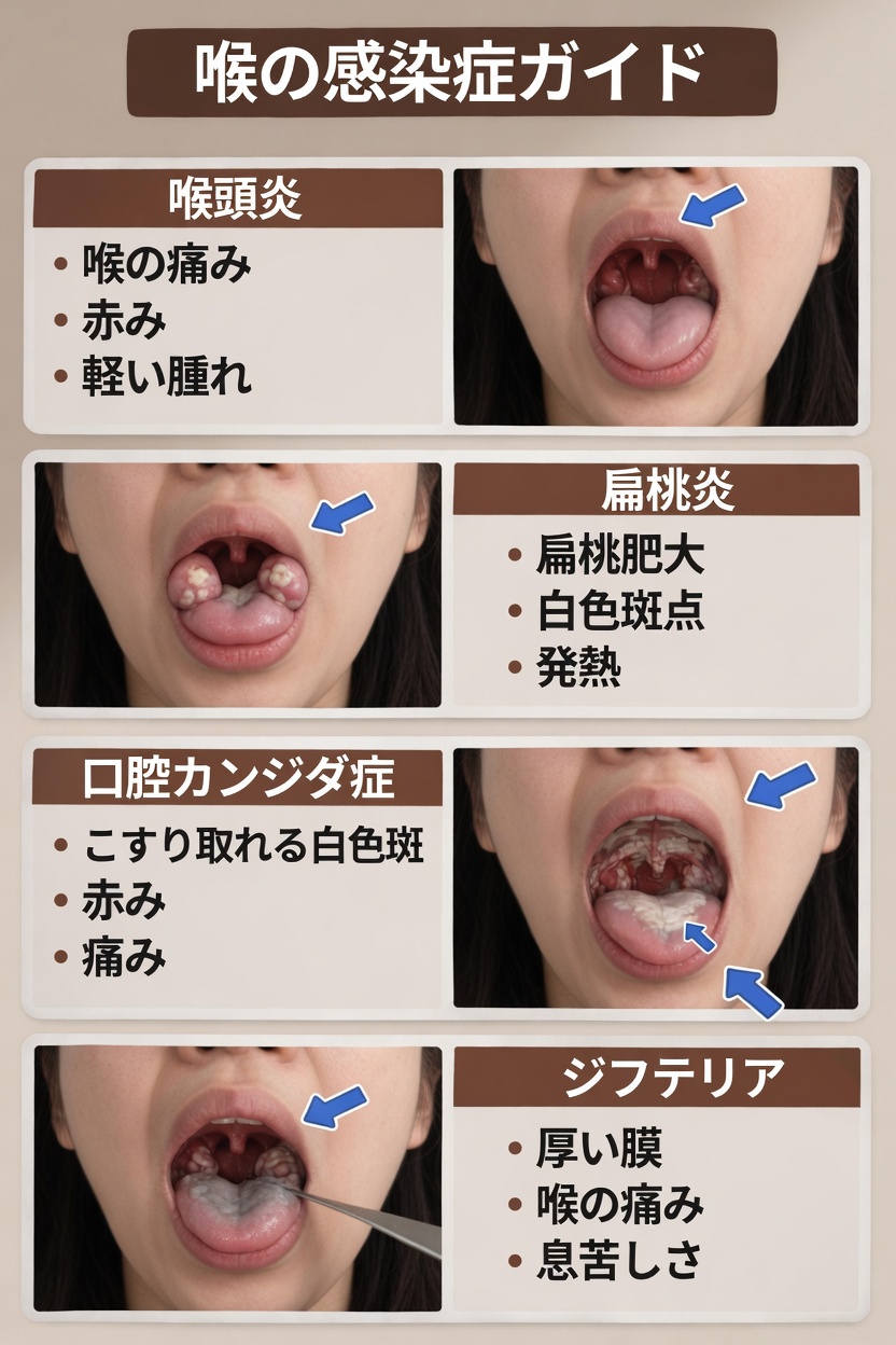 喉の感染症にはどんな種類があり、初期症状を早期に見分けるにはどうすればよいのでしょうか？