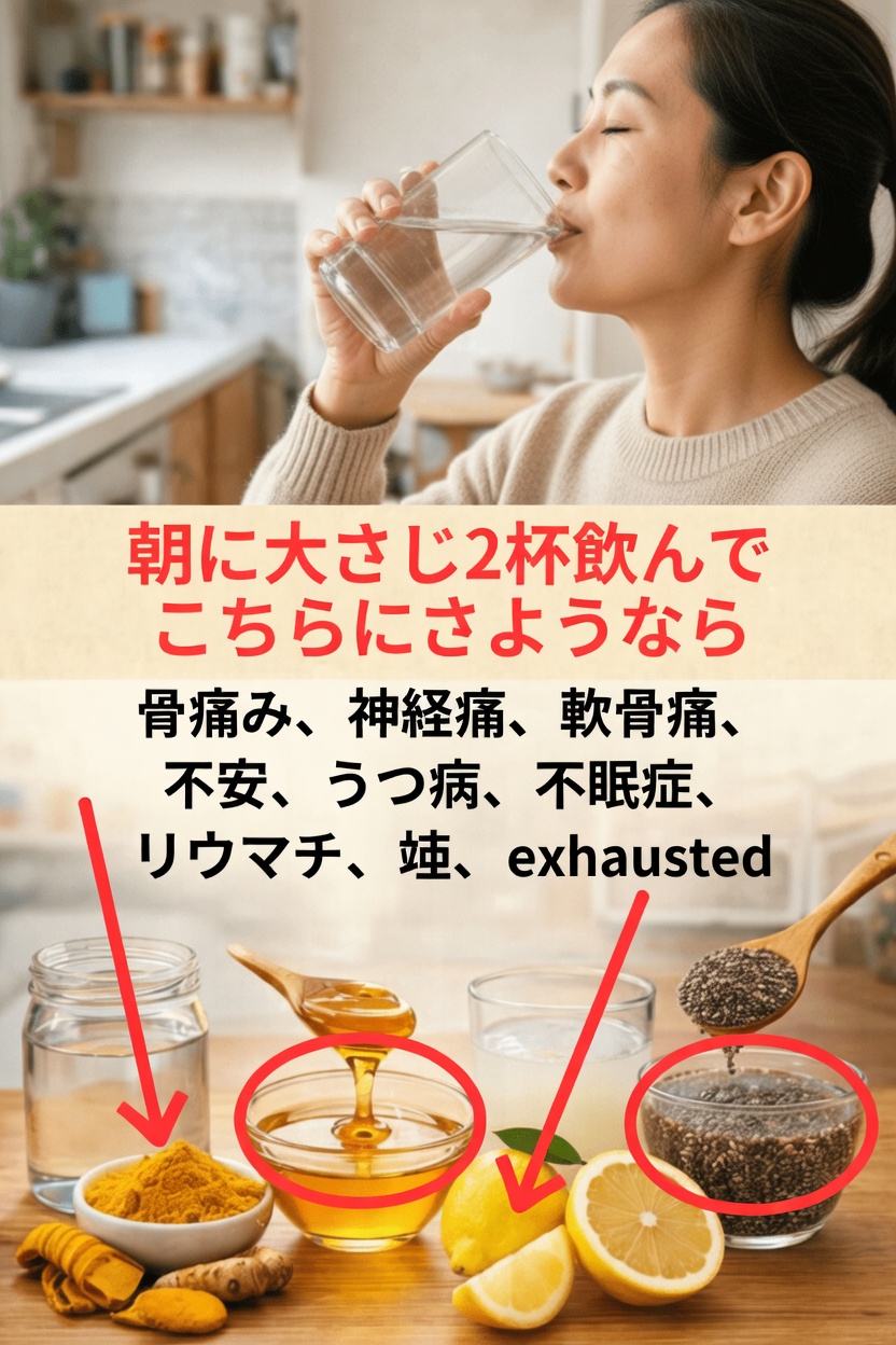 ターメリック、ショウガ、レモン、ハチミツ、チアシードを大さじ2杯使った人気の朝のブレンドを発見しましょう