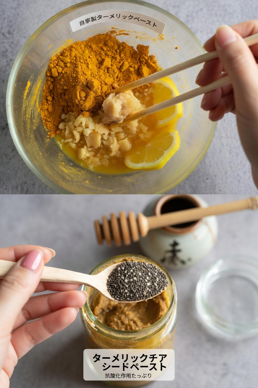 ターメリック、ショウガ、レモン、ハチミツ、チアシードを大さじ2杯使った人気の朝のブレンドを発見しましょう