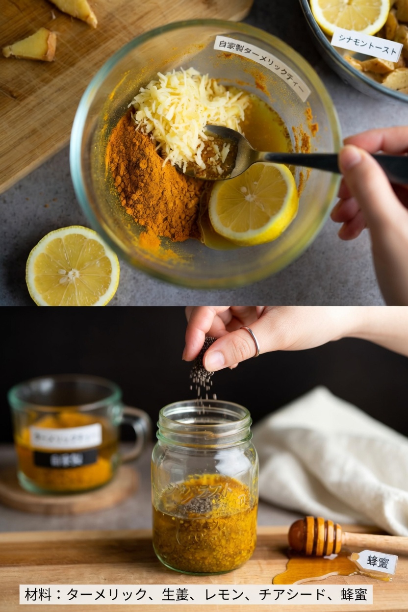 ターメリック、ショウガ、レモン、ハチミツ、チアシードを大さじ2杯使った人気の朝のブレンドを発見しましょう