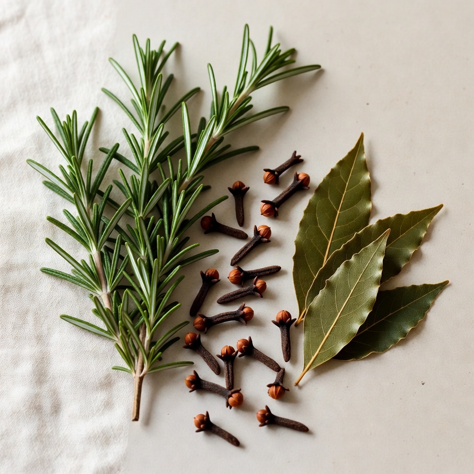 ローズマリー、クローブ、月桂樹の葉の自然なブレンド