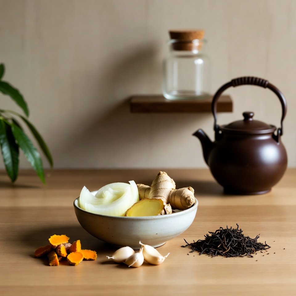 朝と夕食後に最適なお茶:健康とウェルネスのための玉ねぎ・生姜・にんにく・ターメリックのレシピ