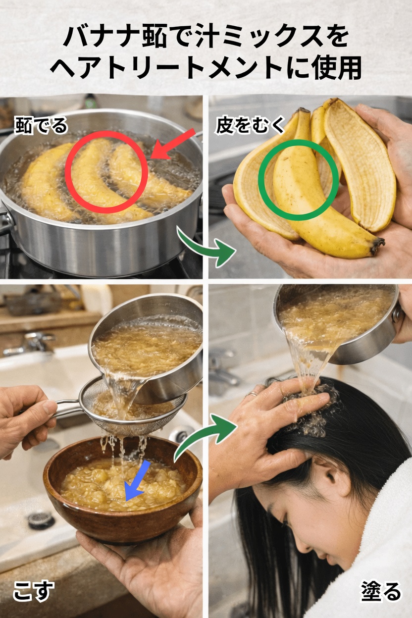 ゆでたバナナの皮の煮汁を天然のヘアリンスとして使う、より健康的な髪のための驚きの効果を発見しましょう