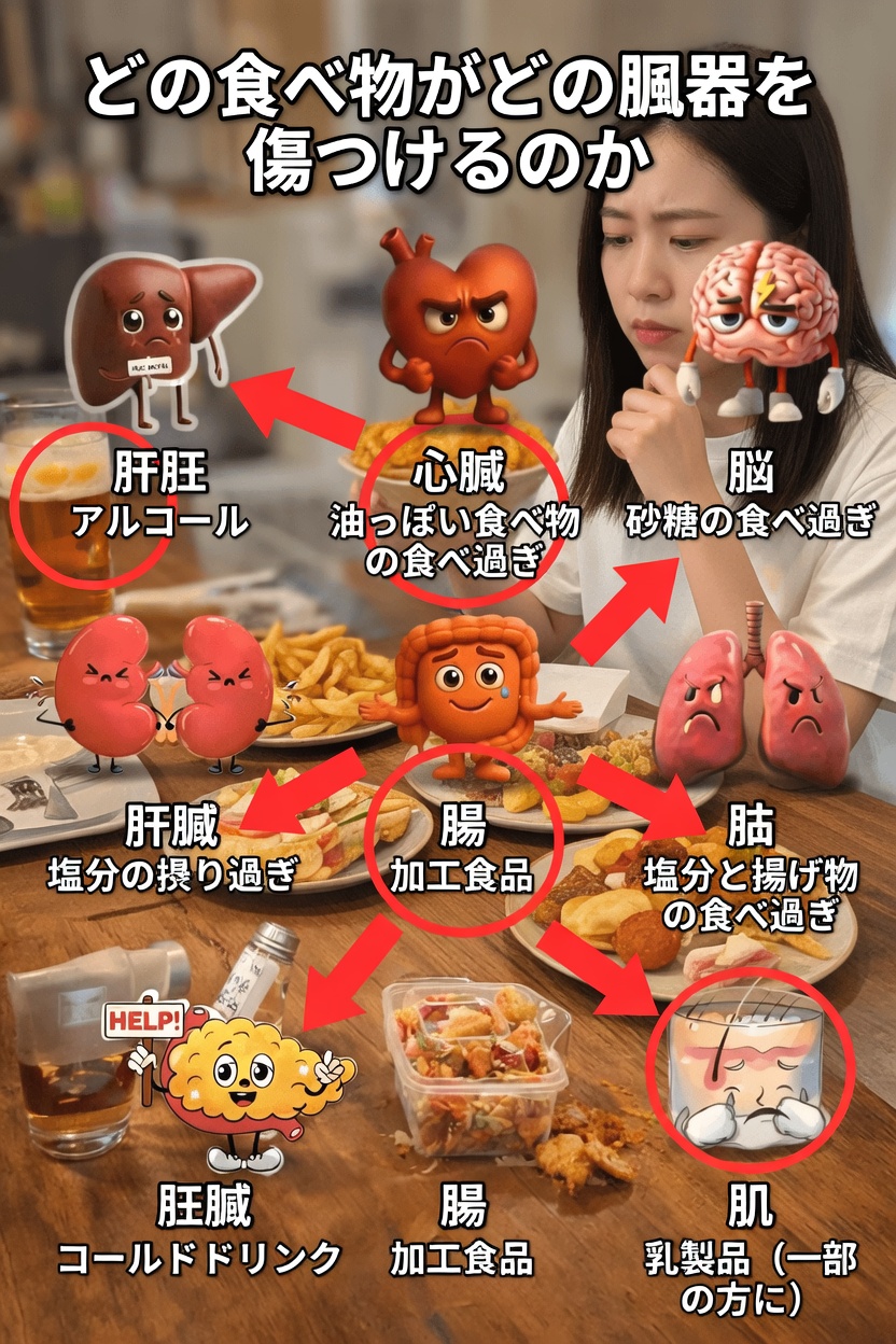 特定の食品が臓器に与える影響：より良い選択を助けるシンプルなヒント