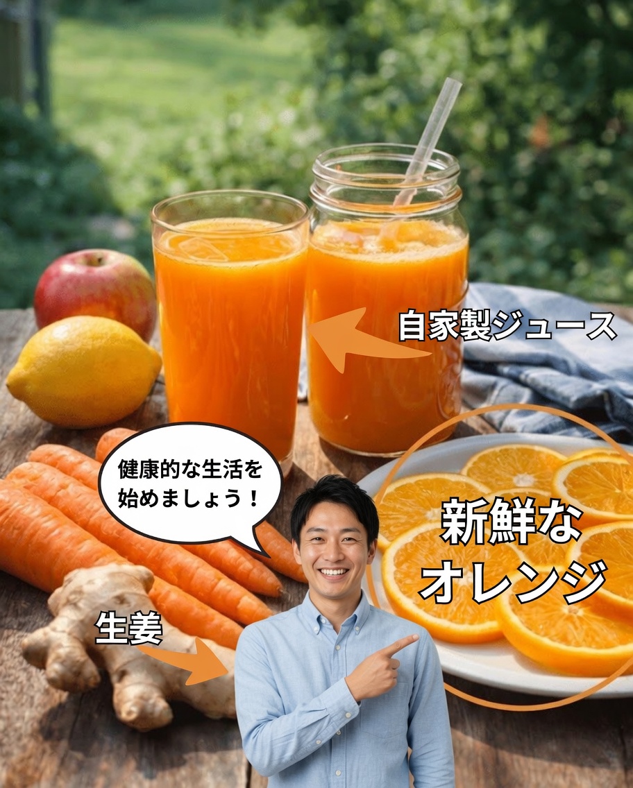 日常の免疫サポートに役立つ、にんじん・オレンジ・りんご・しょうがの爽やかジュースの作り方